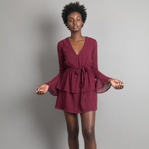 Khadi | Sheer Bell Sleeve Mini Dress in Wine